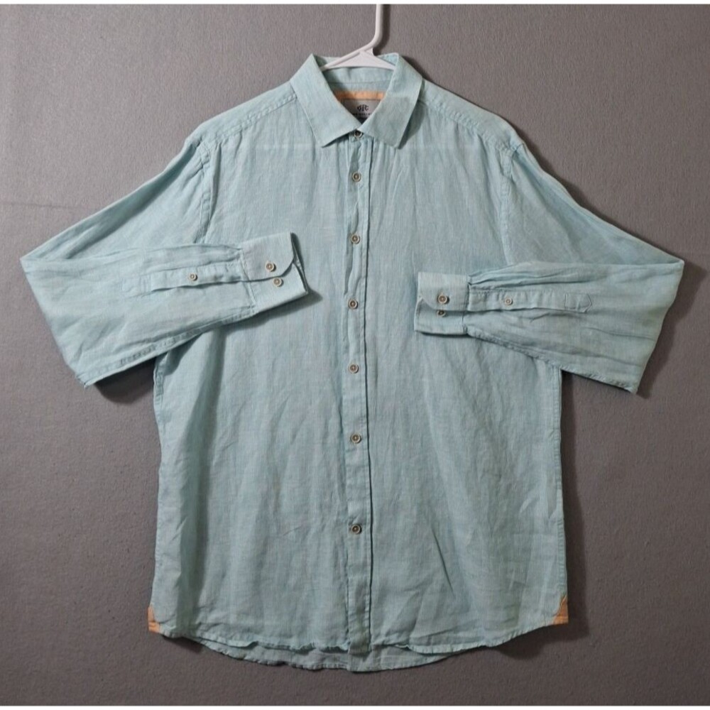 Report Collection Resort Shirt Men L Seafoam 100% Linen Long Sleeve Button Up
